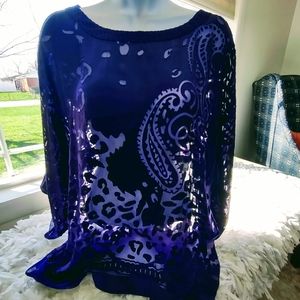 CHICOS NWT 99.00, SIZE 1 CHEETAH BURNOUT TOP 3/4 SLEEVE PURPLE